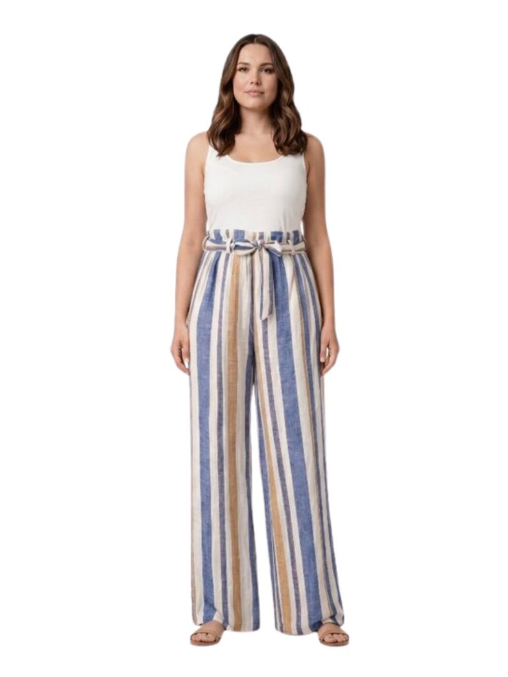 Indero Linen Blend Paperbag Waist Wide Leg Pants Large Striped Coastal Boho